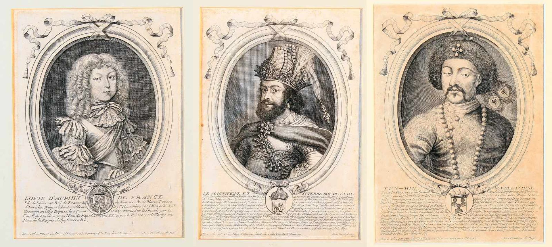 3 Kupferstiche - Monarchenportraits um 1680Die Kupferstiche bei P. Bertrand Paris, unten links "