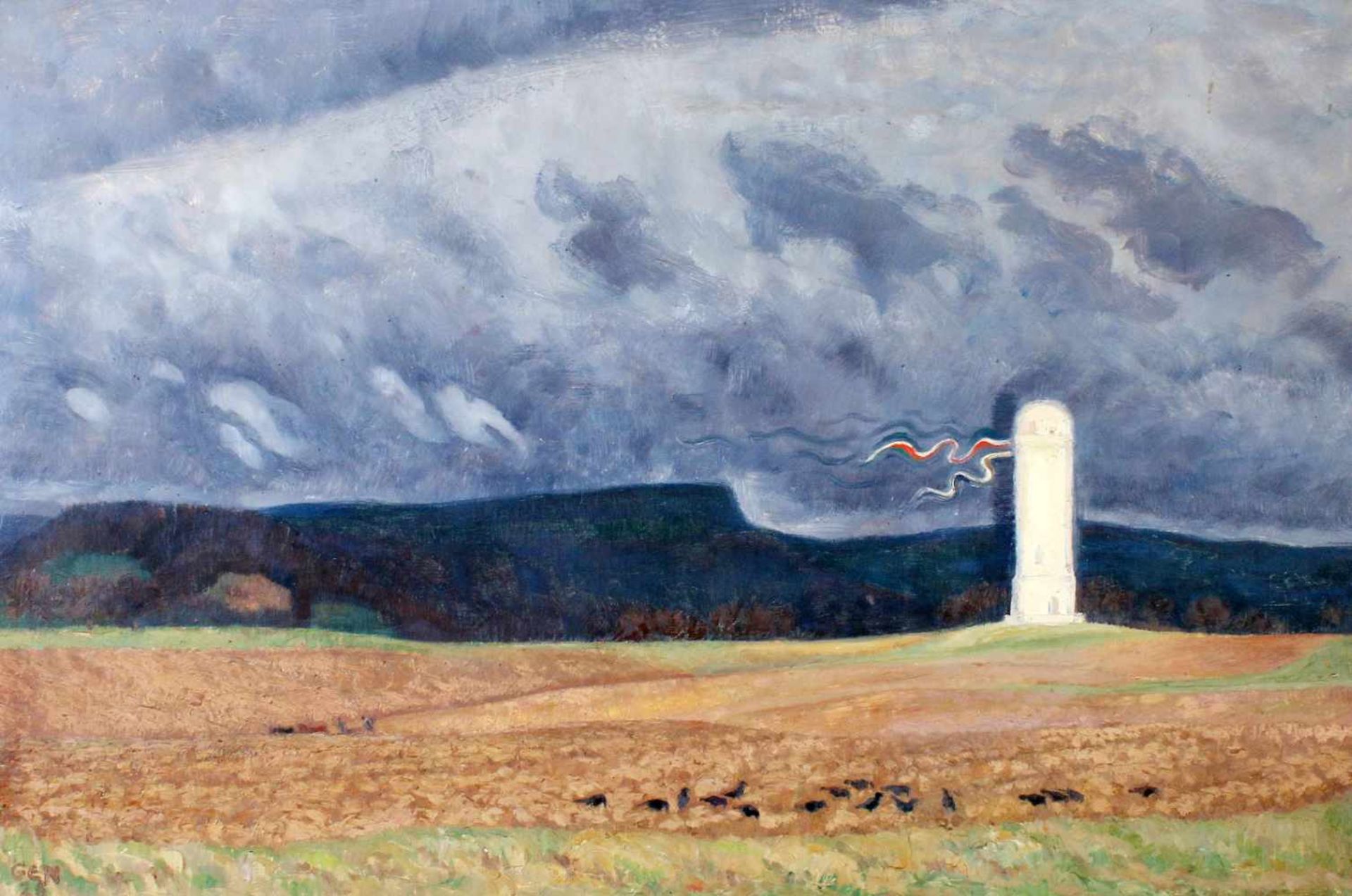 "Leuchtturm im Sturm" - Gen Niederer (1881-1957)Öl auf Leinwand, unten links signiert. Maße: 90 x 60
