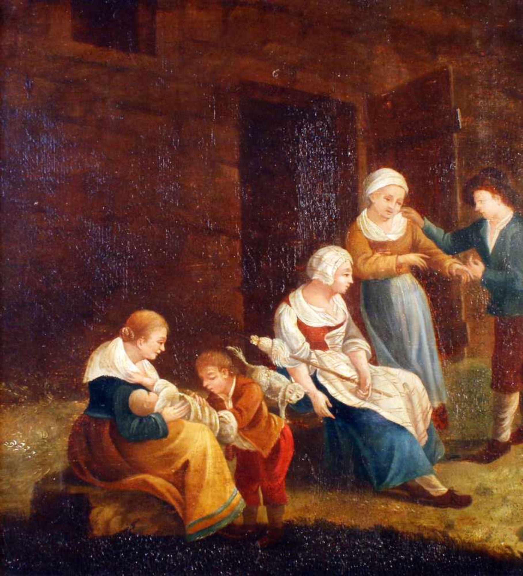 Gemälde - Bäuerliche Familienszene um 1800Öl auf Holz, rückseitg mit Längs- und Querhölzern