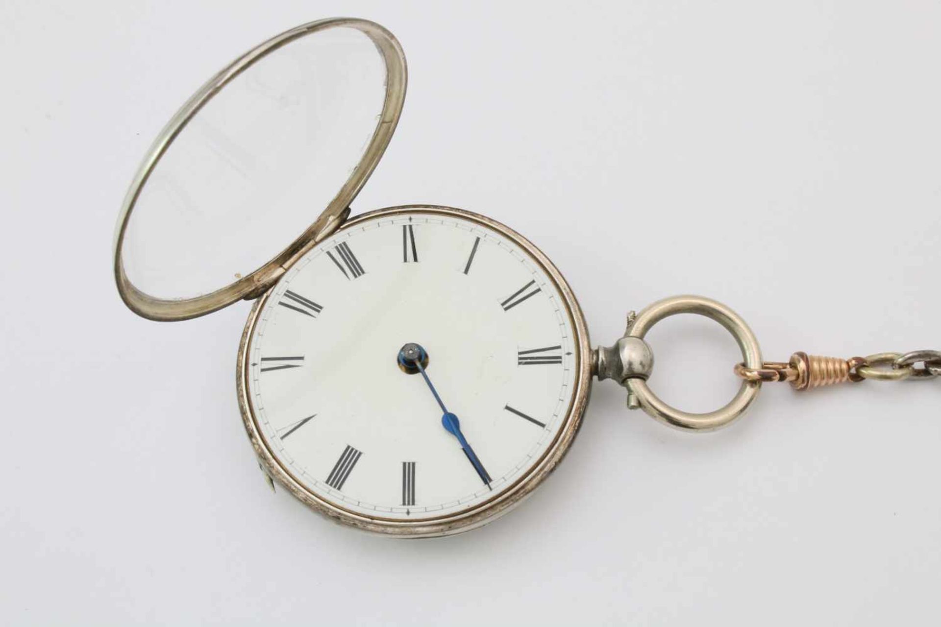 Herren-Taschenuhr um 1880Silber; 4-steiniges, vergoldetes, schweizer Brücken-Werk mit Zylinder- - Bild 2 aus 4