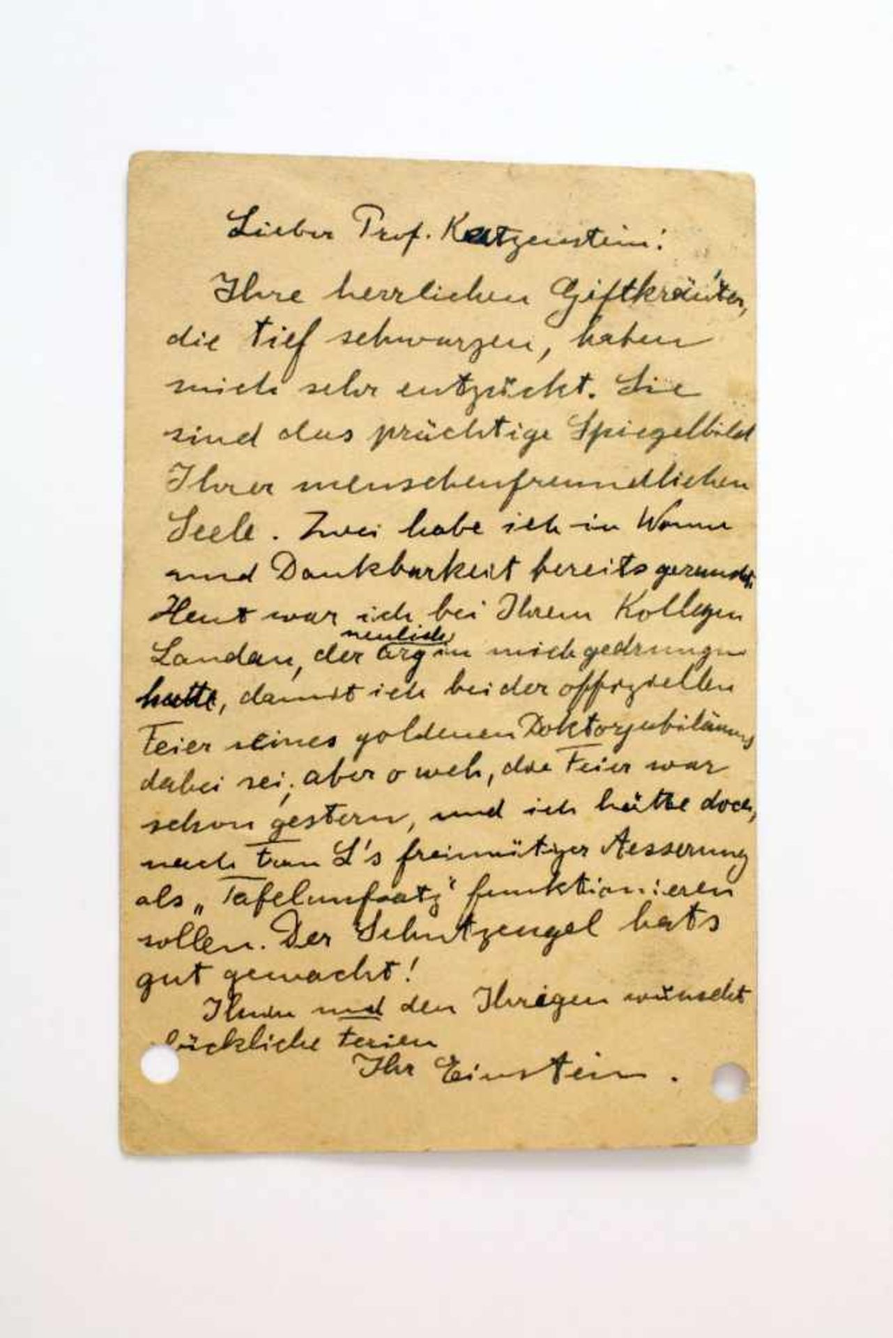 Albert Einstein - handgeschriebene Postkarte an Professor Dr. KatzensteinAlbert Einstein 1879 -