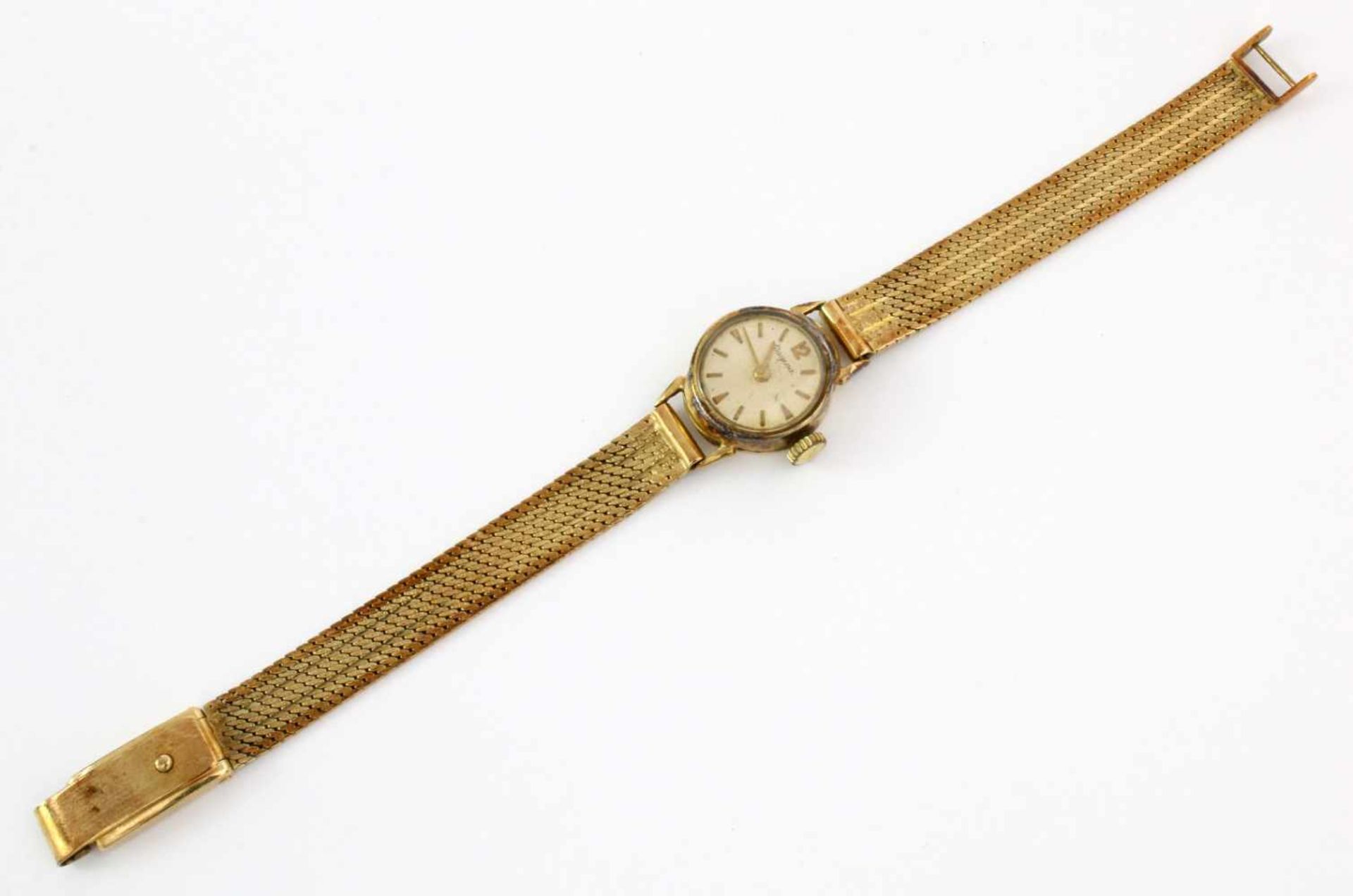 Armbanduhr Dugena Gelbgold um 1950Handaufzugswerk Dugena 975, Gehäuse (Ø 15,5 mm) GG 585, Band