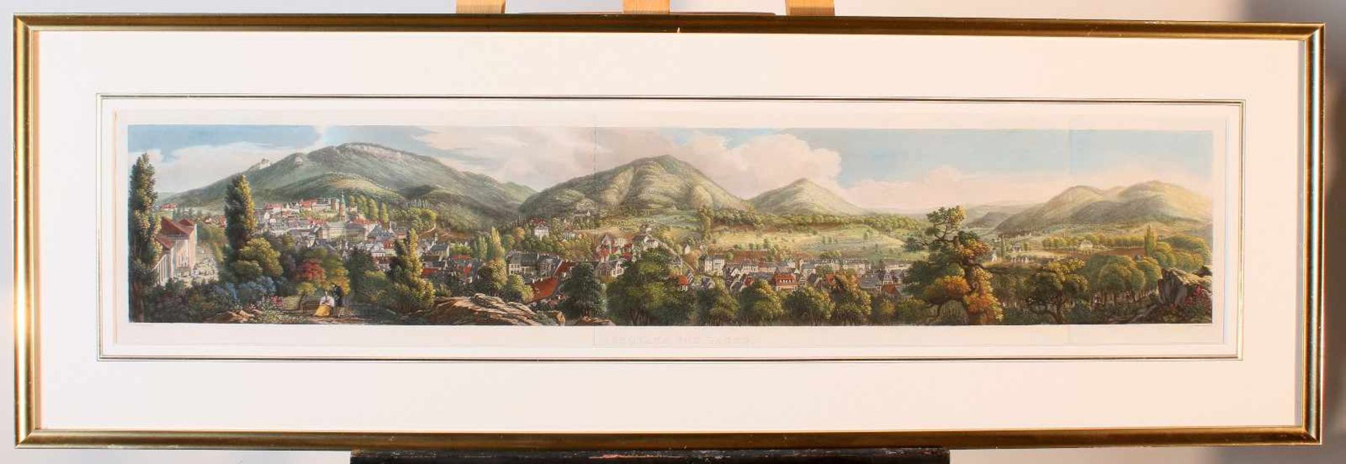 Großes Panorama von Baden-Baden um 1830 - Johann Hürlimann (1793-1850)Farbaquatintaradierung, - Bild 2 aus 2