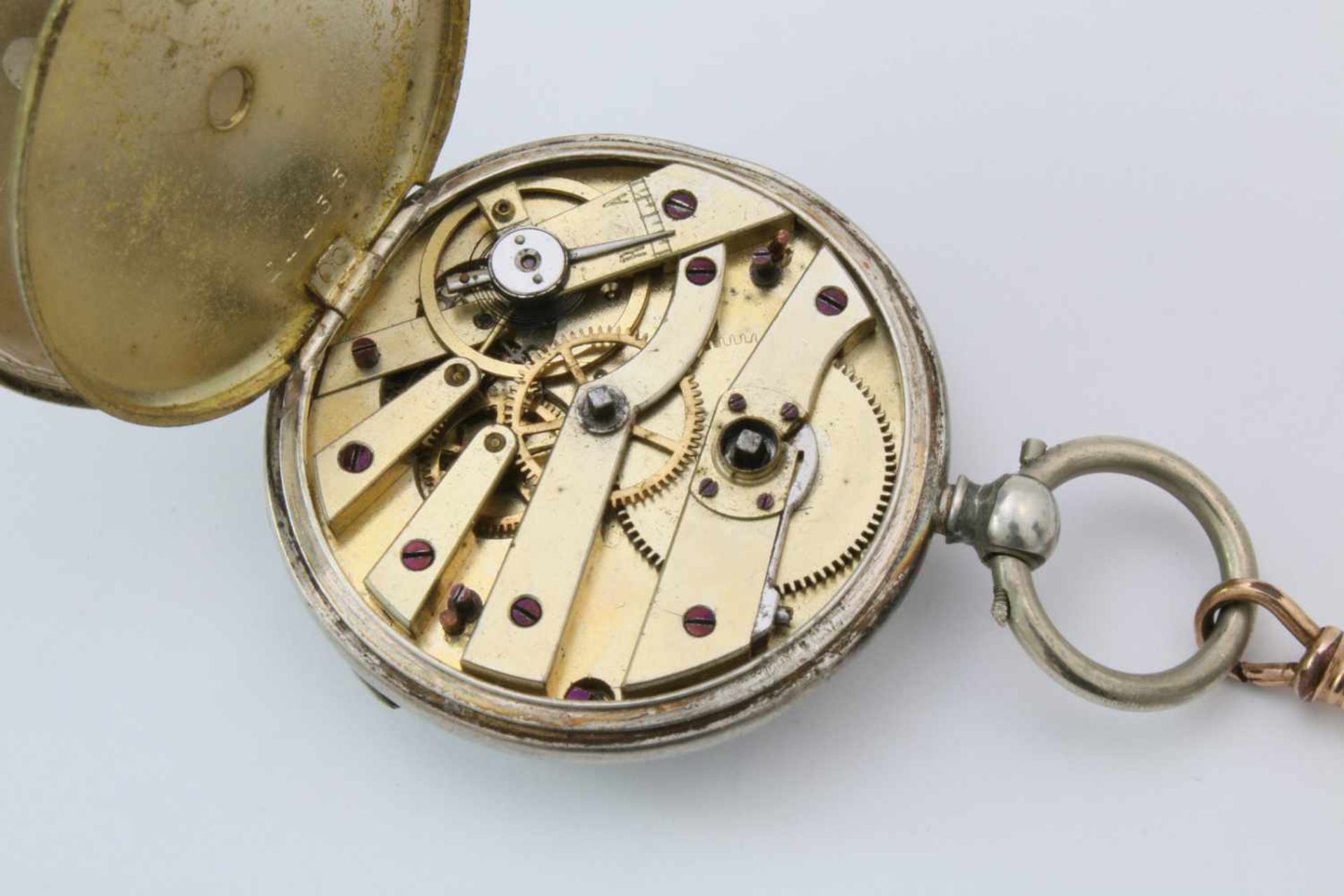 Herren-Taschenuhr um 1880Silber; 4-steiniges, vergoldetes, schweizer Brücken-Werk mit Zylinder- - Bild 4 aus 4