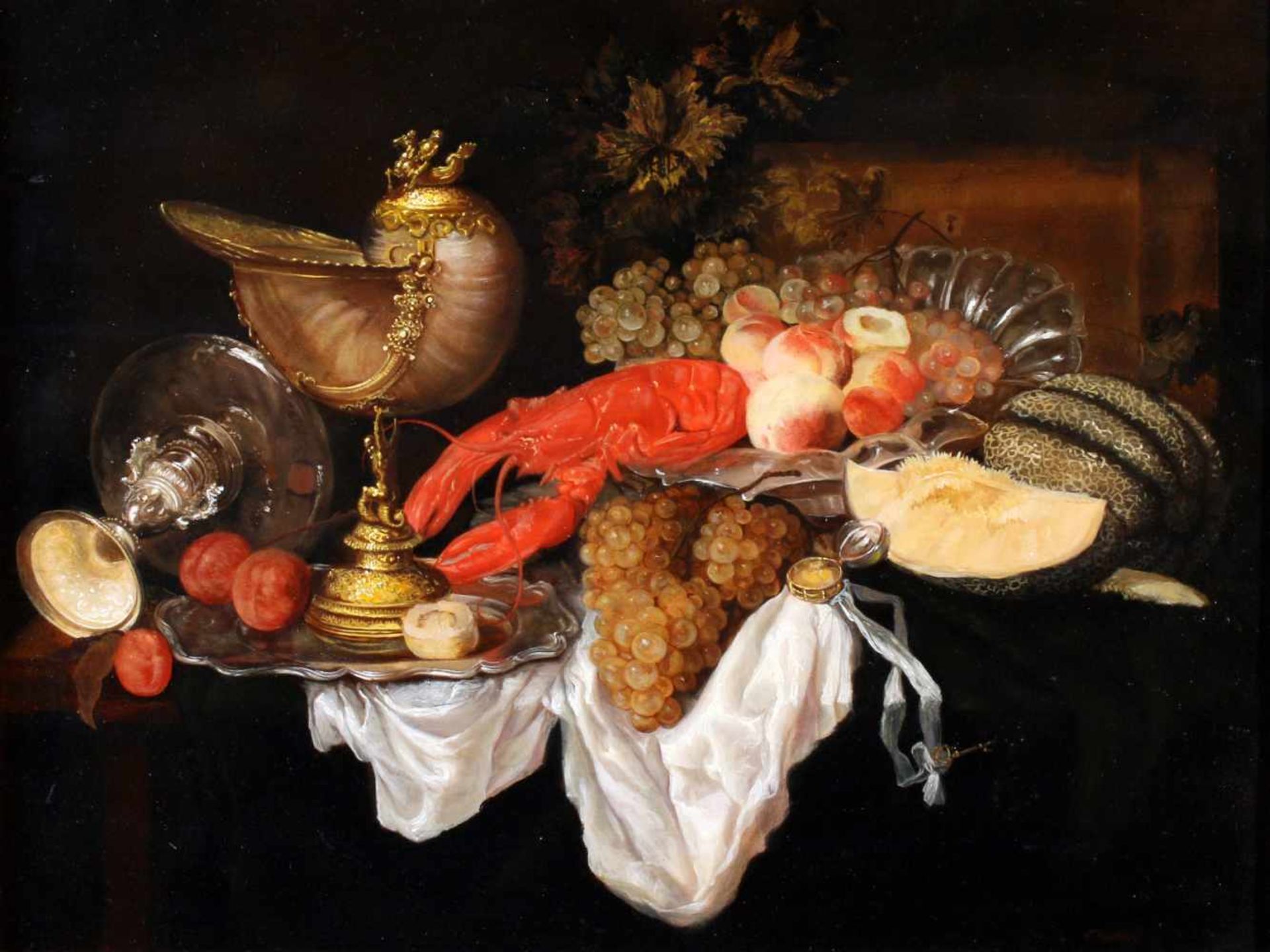 "Stillleben mit Früchten, Hummer und Nautiluspokal" - Gyula Boros (*1951)Öl auf Holz, rechts unten