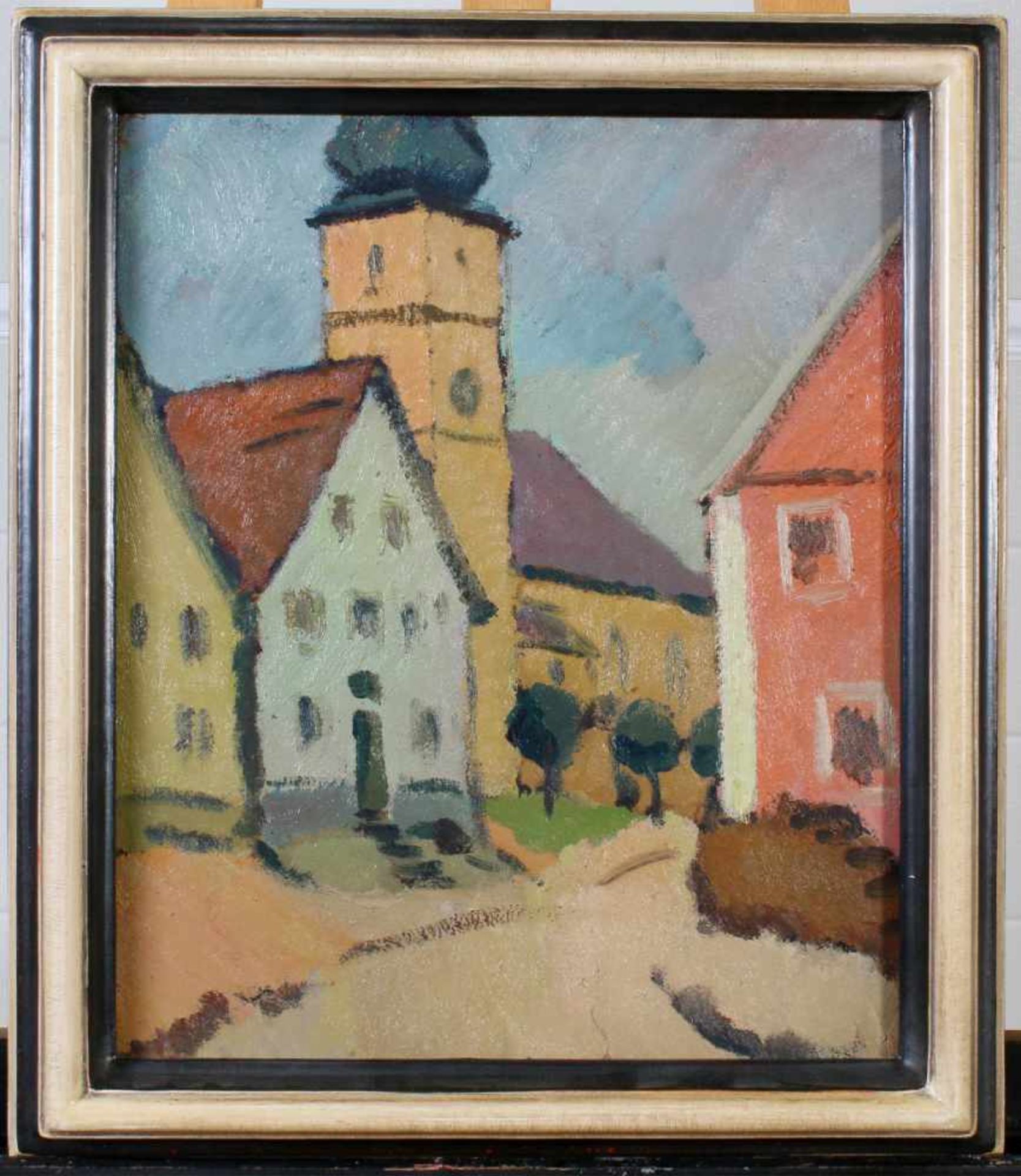 "Kirchplatz und Kirche mit Zwiebelturm in Pottenstein" - Hans Zank (1889-1967)Öl auf Karton, - Bild 2 aus 3