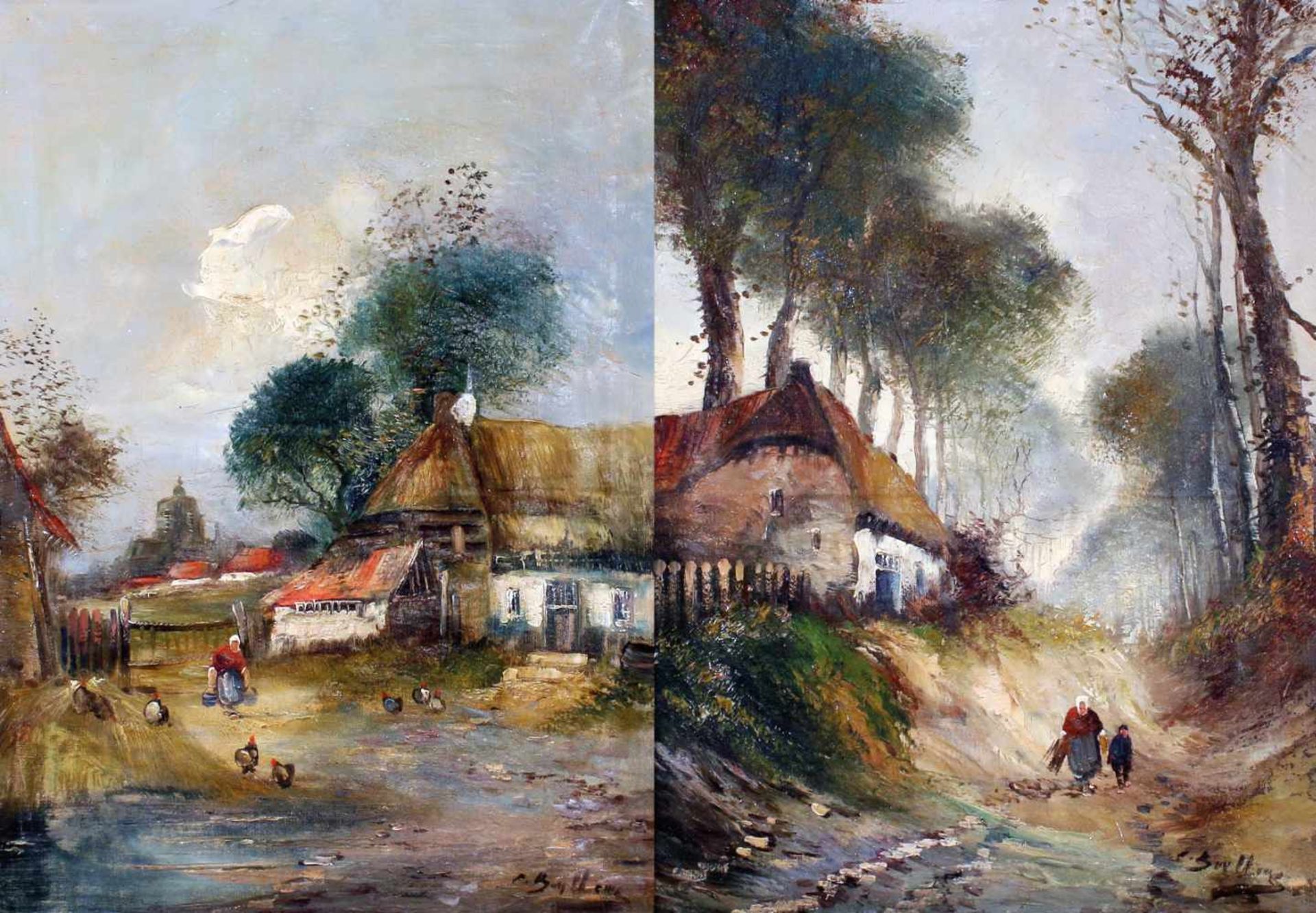 2 impressionistische Gemälde - Bauernhöfe um 1910Beide Gemälde Öl auf Leinwand, vom selben Maler,