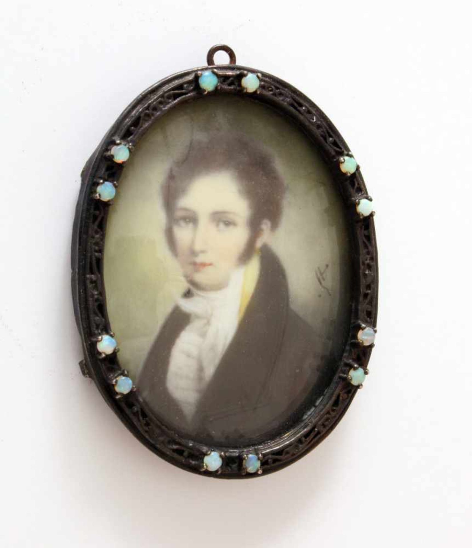 Miniaturgemälde im Silberrahmen mit Opalen besetzt - 19. JahrhundertDarstellung eines jungen