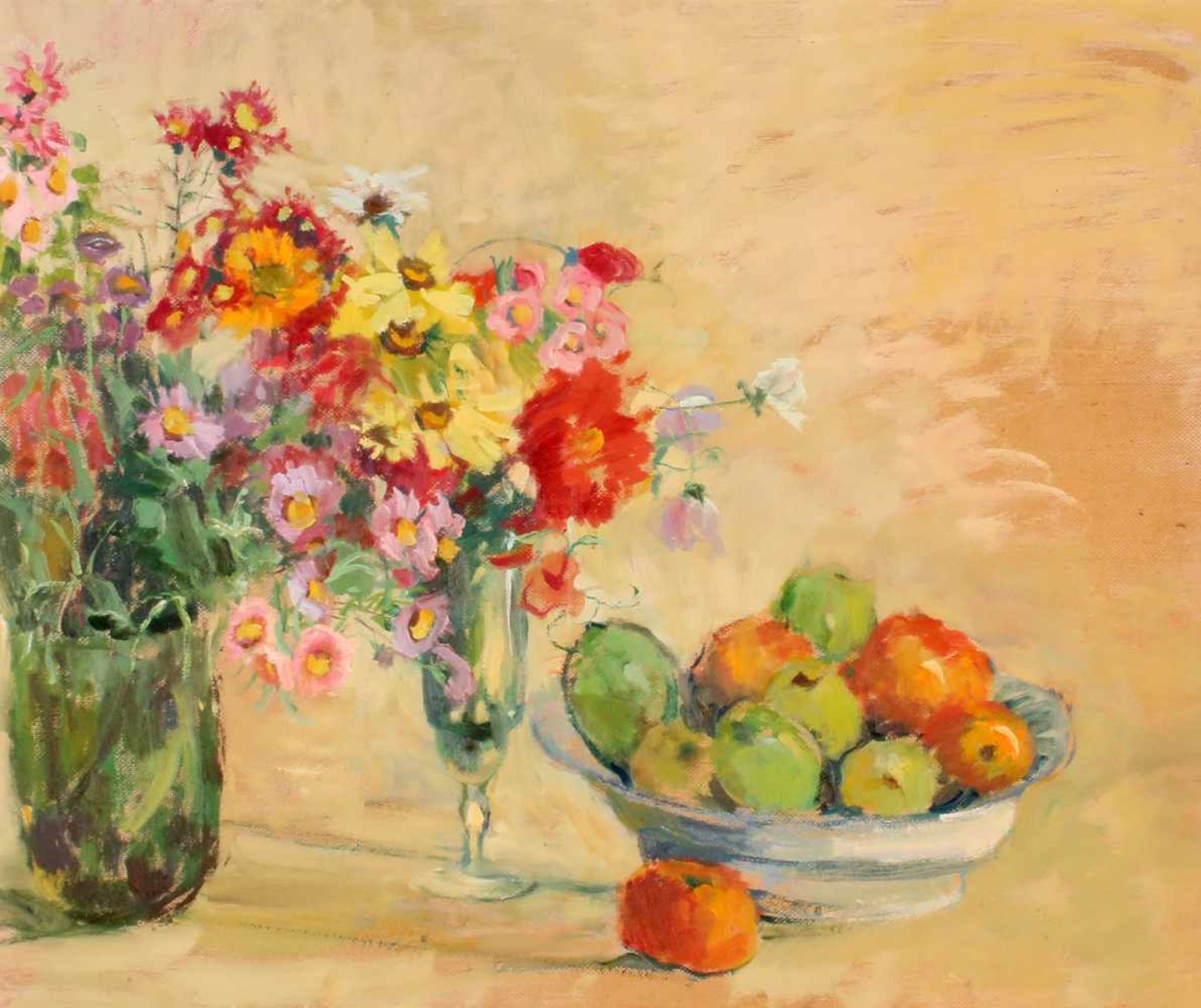 "Stillleben - Blumen und Früchte" - Minna Köhler-Roeber (1883-1957)Öl auf Platte, rückseitig