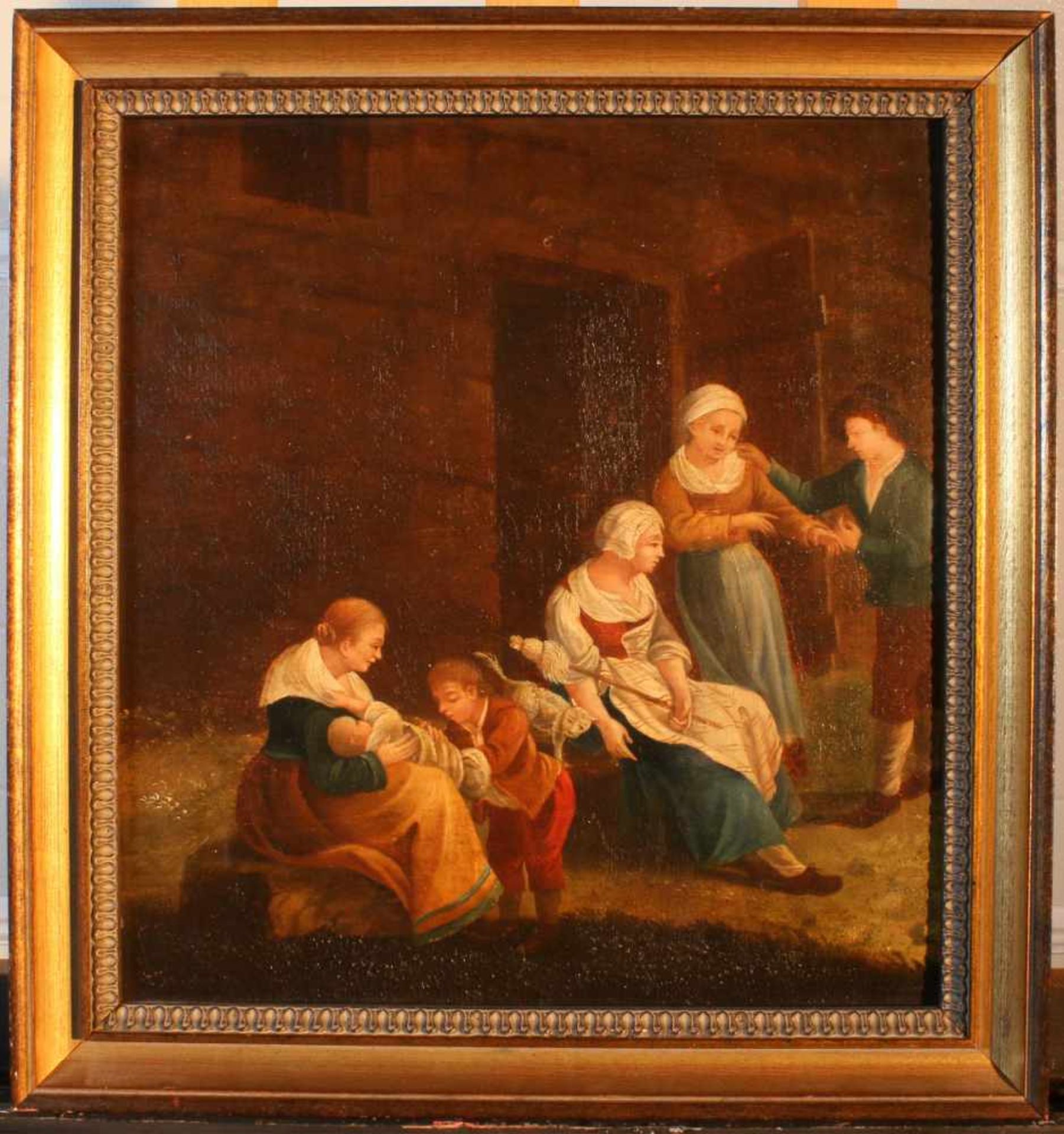 Gemälde - Bäuerliche Familienszene um 1800Öl auf Holz, rückseitg mit Längs- und Querhölzern - Bild 2 aus 3