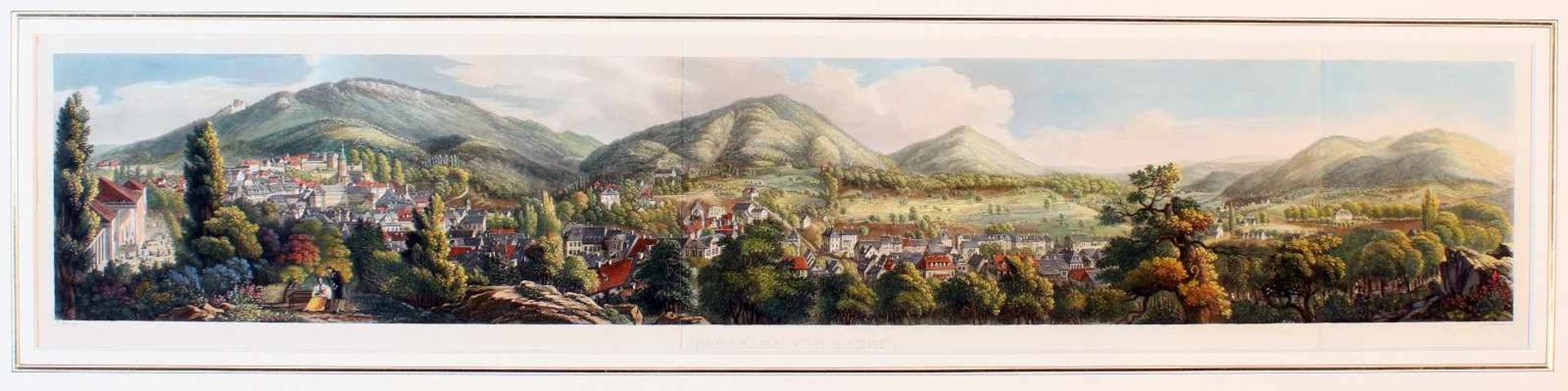 Großes Panorama von Baden-Baden um 1830 - Johann Hürlimann (1793-1850)Farbaquatintaradierung,