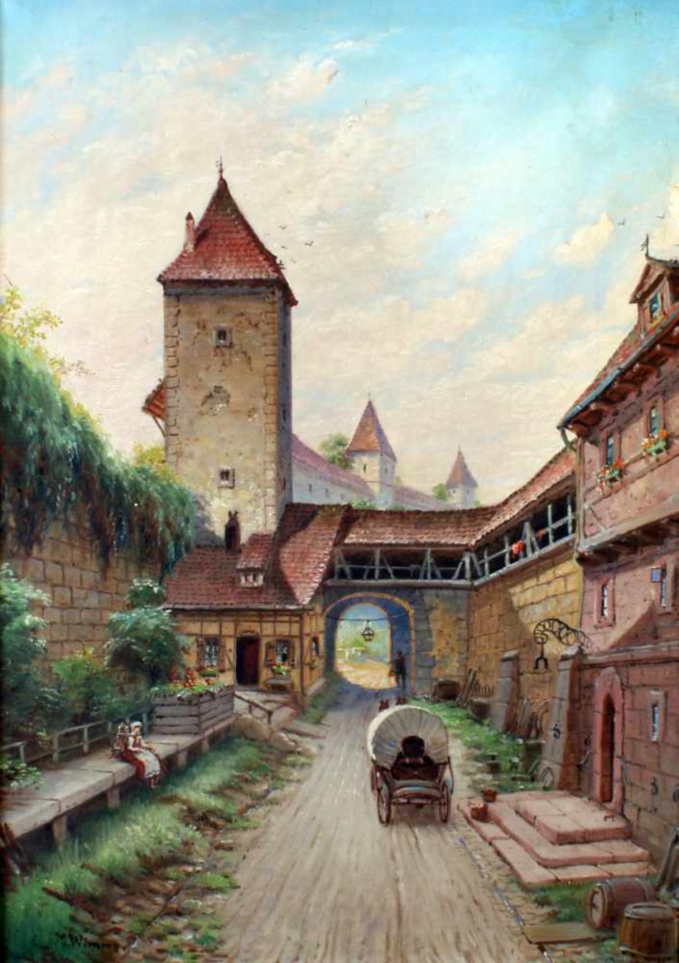 "Kobolzeller Tor in Rothenburg o. d. Tauber" - M. Wimmer - um 1900Öl auf Leinwand, unten links