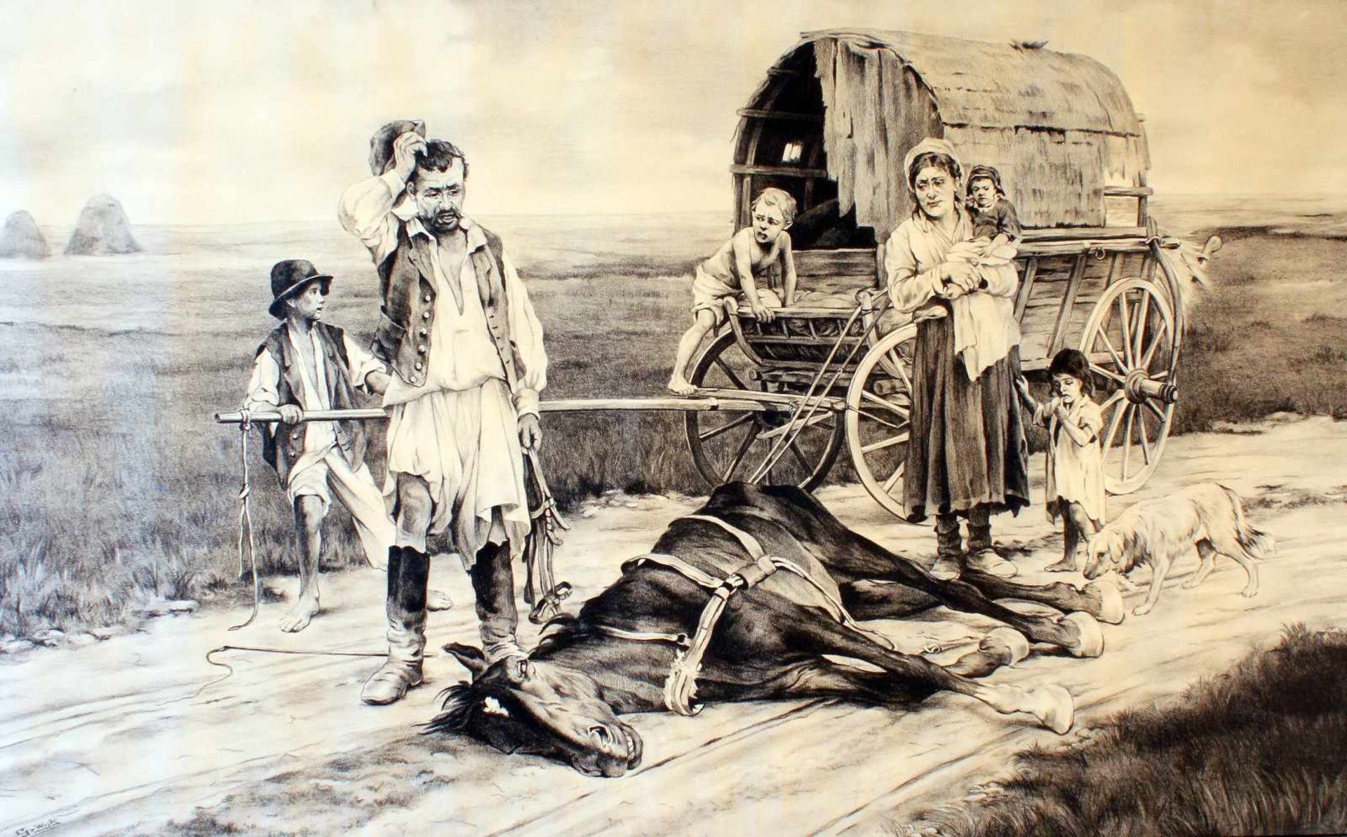 "Sterbendes Pferd" - G. van Wijk (20. Jahrhundert)Kohlezeichnung, Familie mit Planwagen in