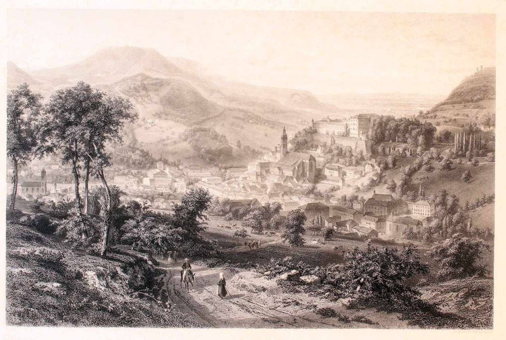 Kupferstich - Gesamtansicht von "Baden-Baden" um 1860 - Ed. Willmann (1820-1877)Hof-Kupferstecher.