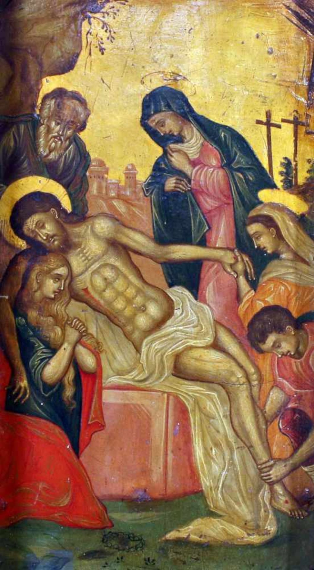 "Kreuzabnahme Christi" - Ikonenmalerei - 19. JahrhundertÖl auf Holz, teilweise goldstaffiert,