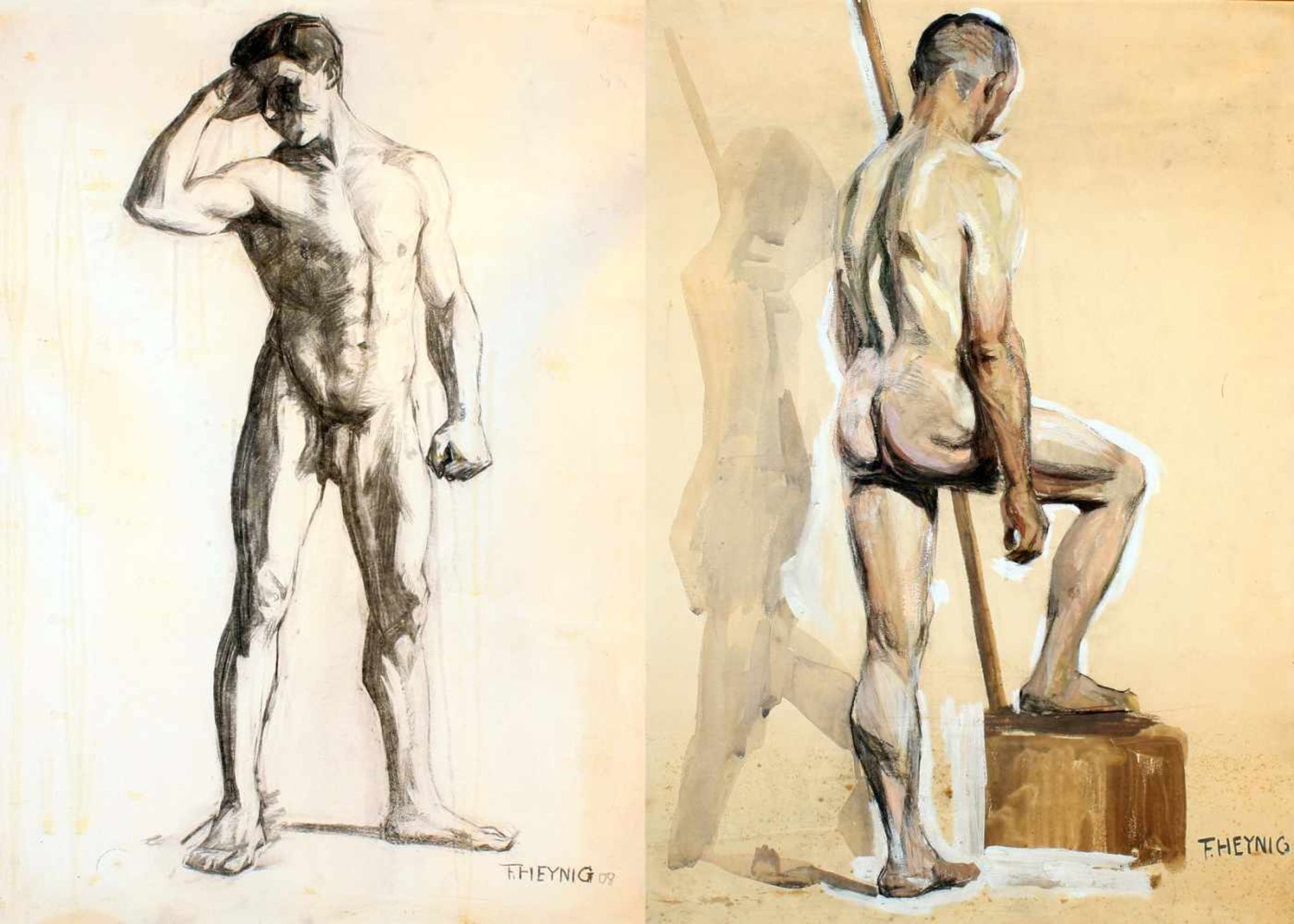 2 Zeichnungen "Männerakt" - Felix Heynig (1888-1950)1.) Kohlezeichnung, unten rechts signiert und