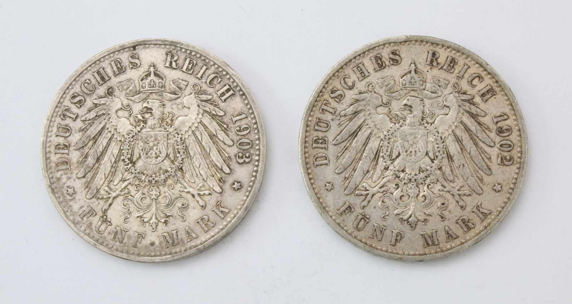 2x 5 Mark - Kaiserreich SilberWilhelm II. 1902 und Otto v. Bayern 1903. - Bild 2 aus 2