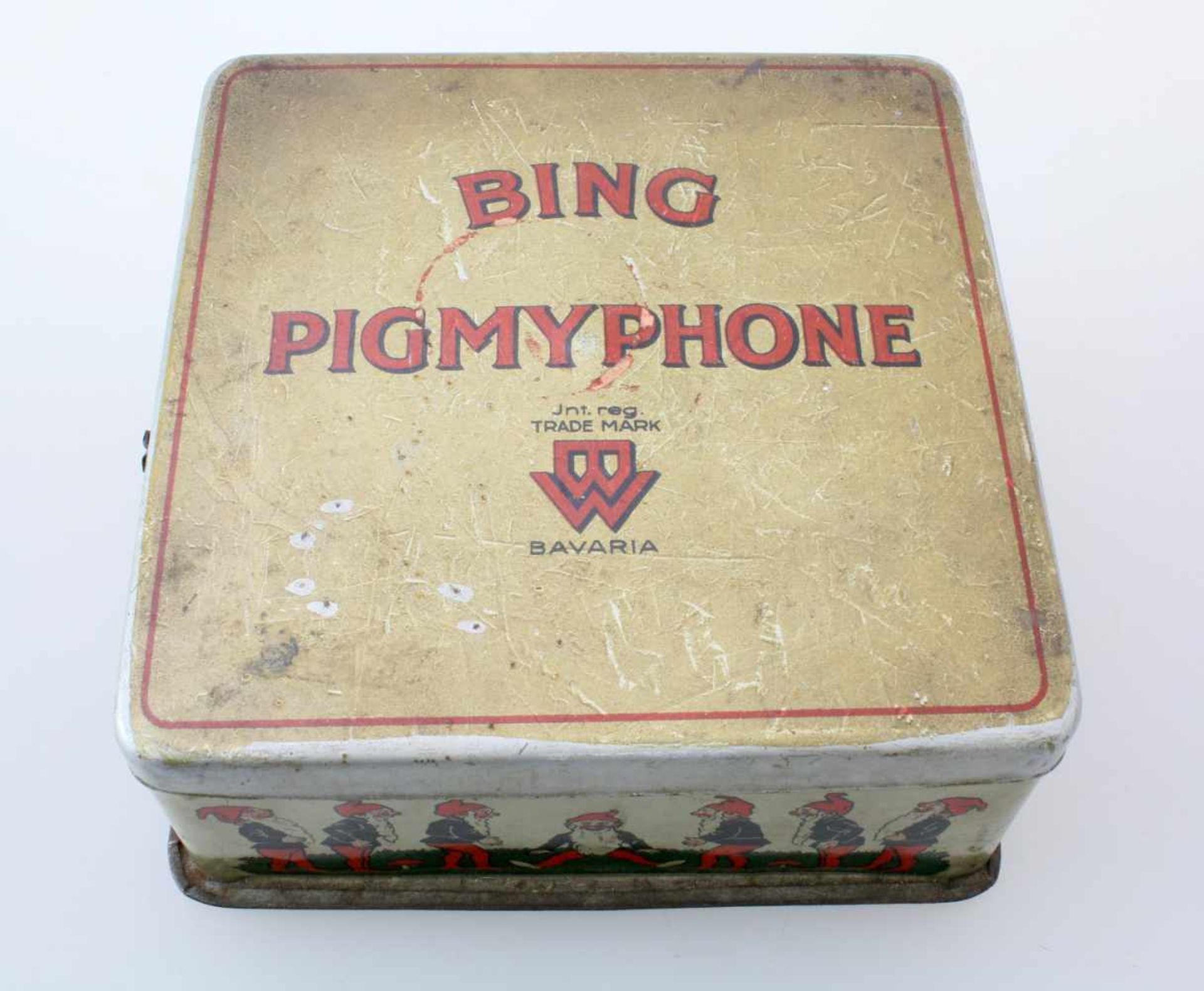 "Bing" Kindergrammophon um 1930Metallgehäuse mit Lithographiedrucken "Bing Pig my phone", 7 Zwergen, - Bild 3 aus 4