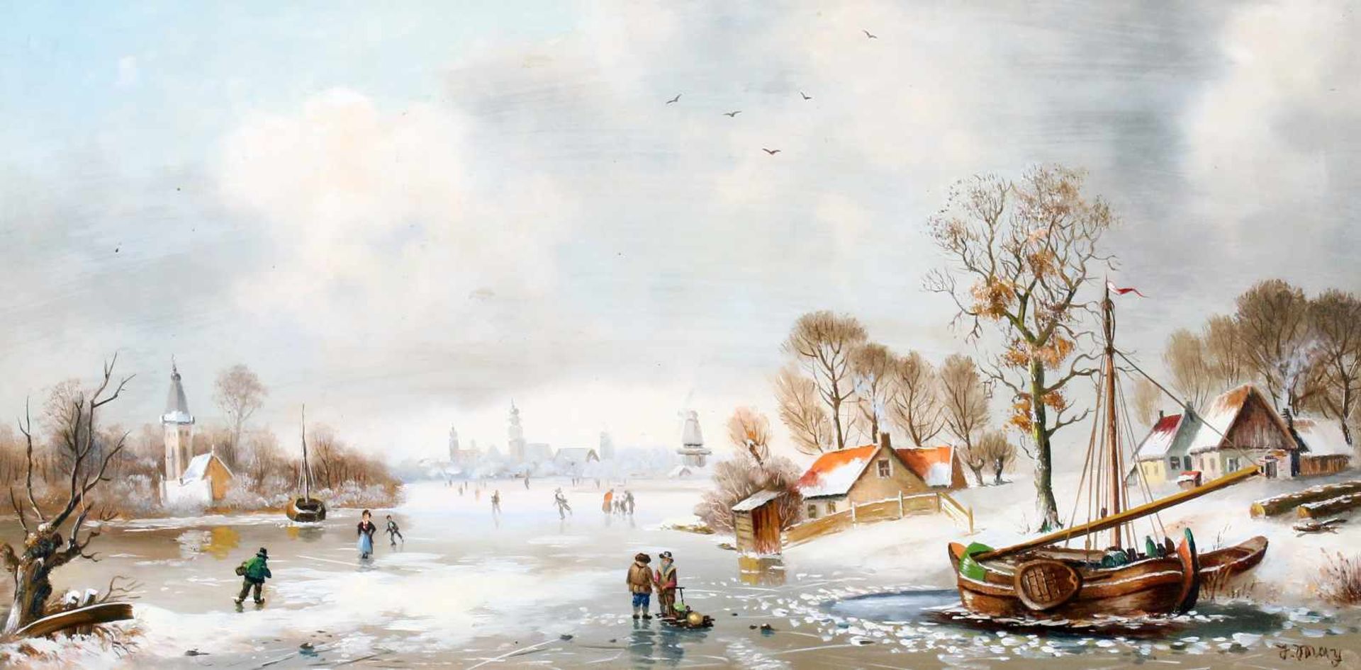 "Holländische Winterlandschaft" - J. May - 20. JahrhundertÖl auf Holz, rechts unten signiert, im