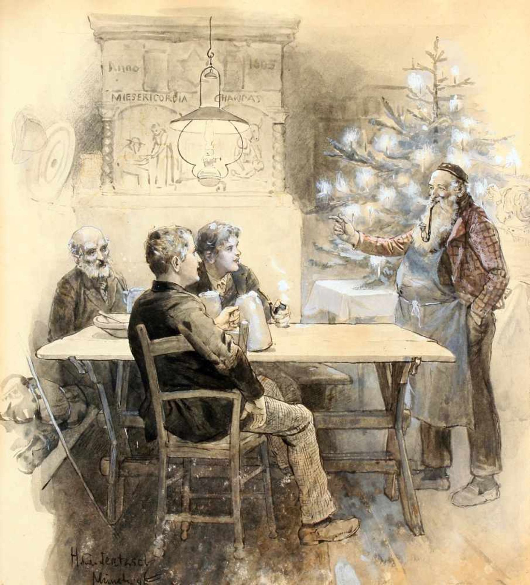 "Wirtshausszene zu Weihnachten" - Hans Gabriel Jentzsch (1862-1930)Zeichnung / Aquarell, weiß