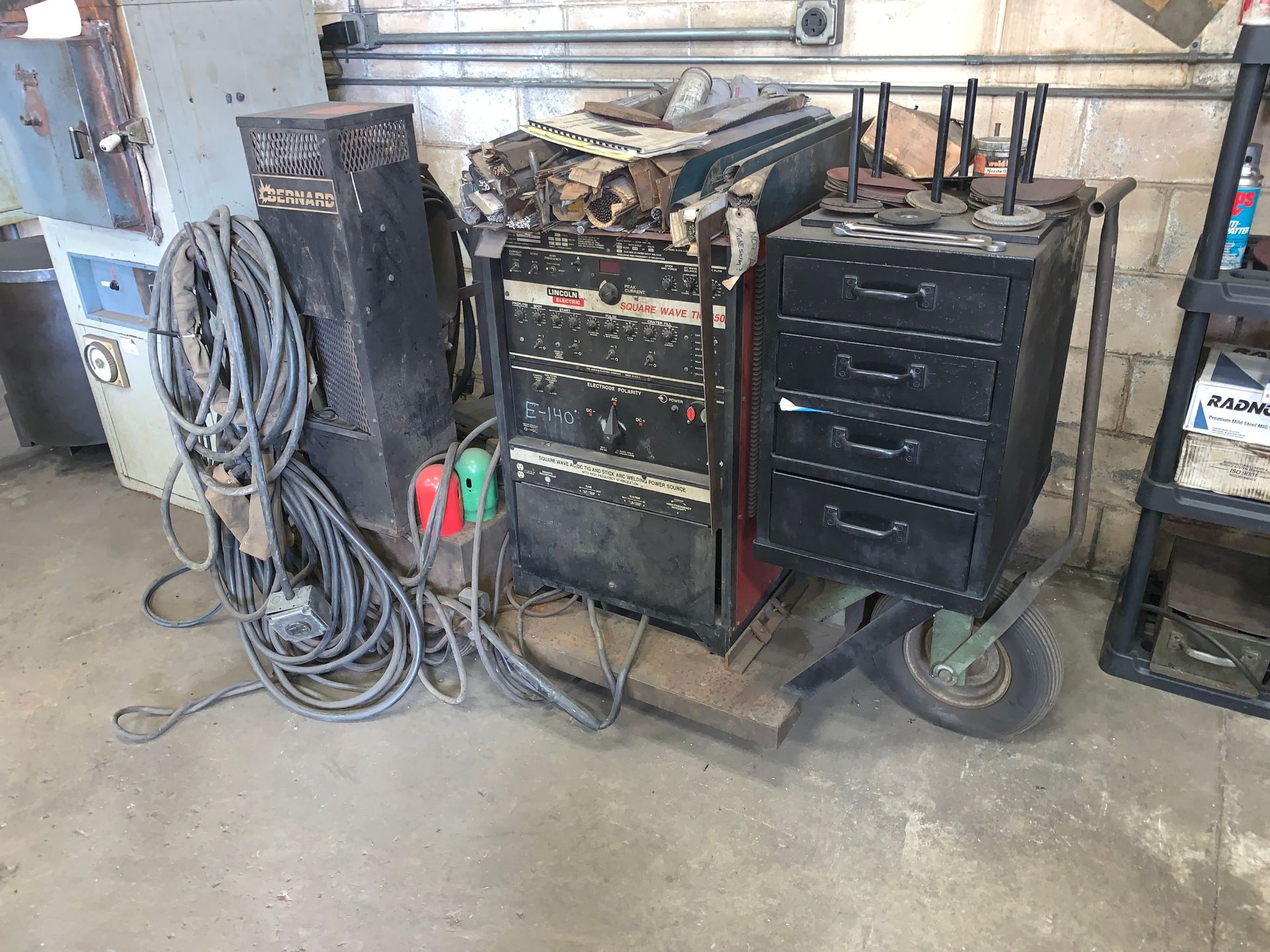 Lincoln Electric Square Wave TIG350 Welder with Cart, Bernard Cooling System and Storage Shelving (