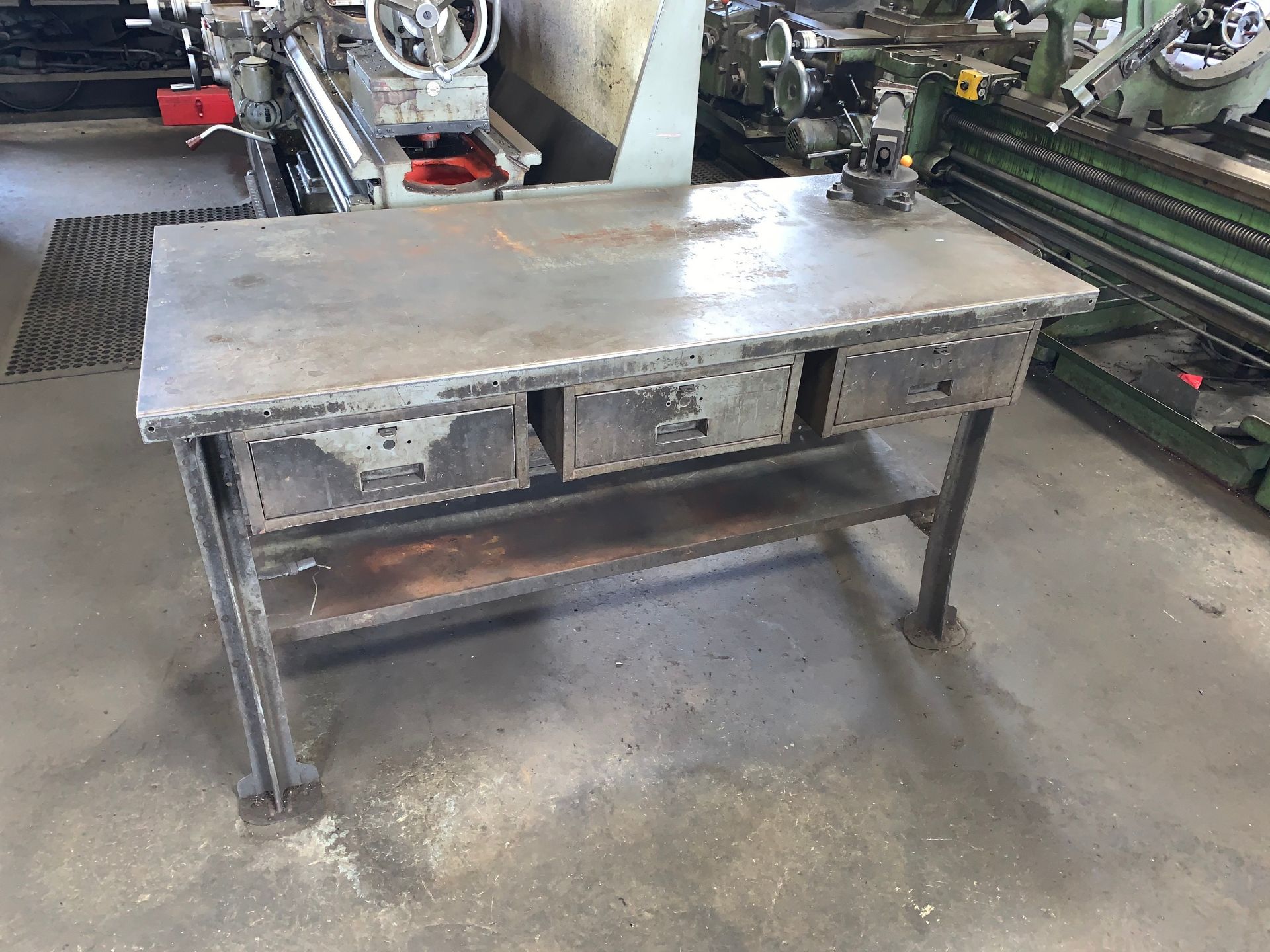 Metal Work Bench, 3-Drawers, Electrical Outlet, 28" x 60" with Morgan Chicago 3" Bench Vise (Buyer