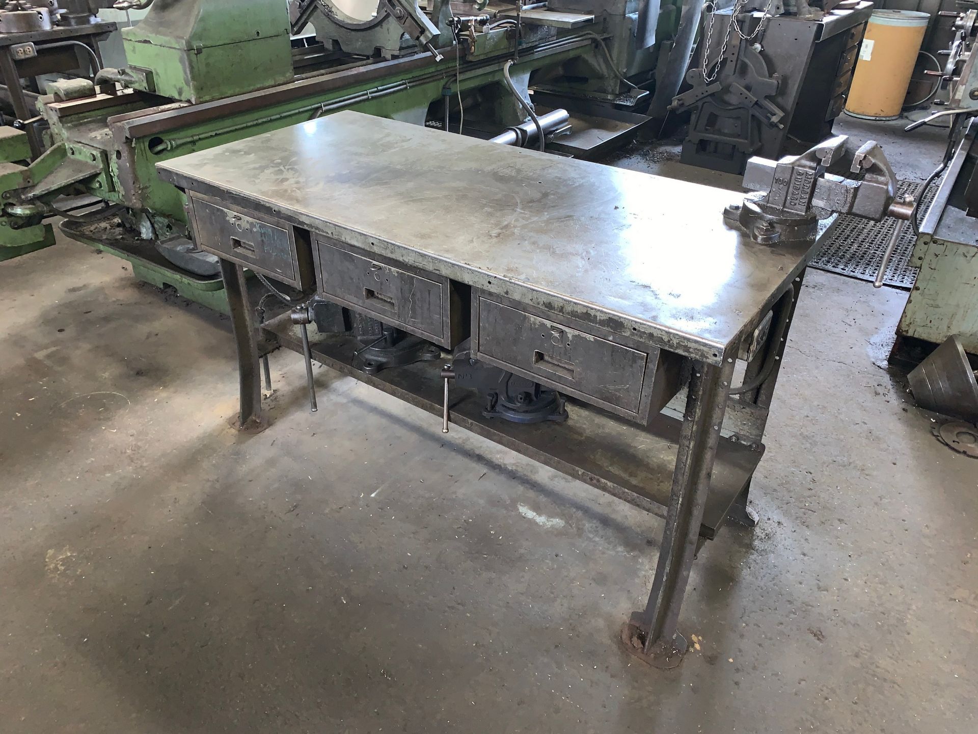 Metal Work Bench, 3-Drawers, Electrical Outlet, 28" x 60" with Morgan Chicago 3" Bench Vise (Buyer