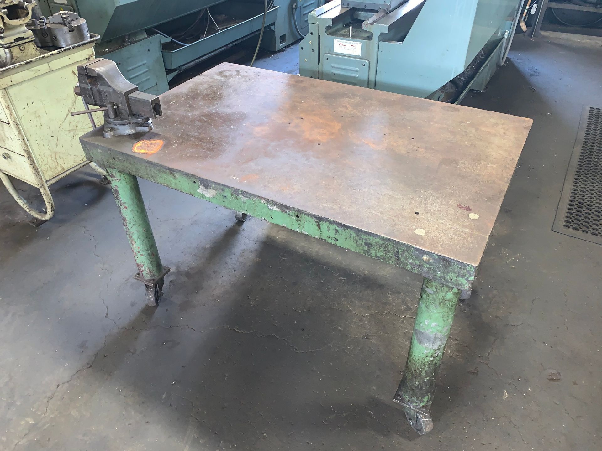 Steel Table, Caster Mounted, 48" x 30" with Columbian 3" Bench Vise (Buyer is Responsible for ALL