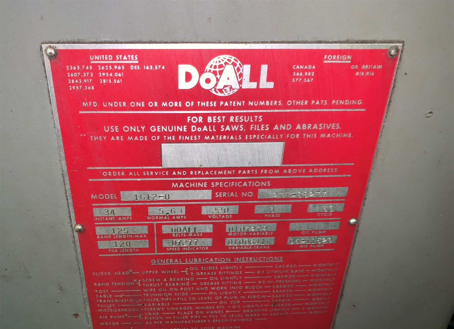 DoAll Mdl. 1612-0 Vertical Band Saw, 16" Throat, 24" x 24" Tilting Table, Blade Welder and Grinder - Image 7 of 8