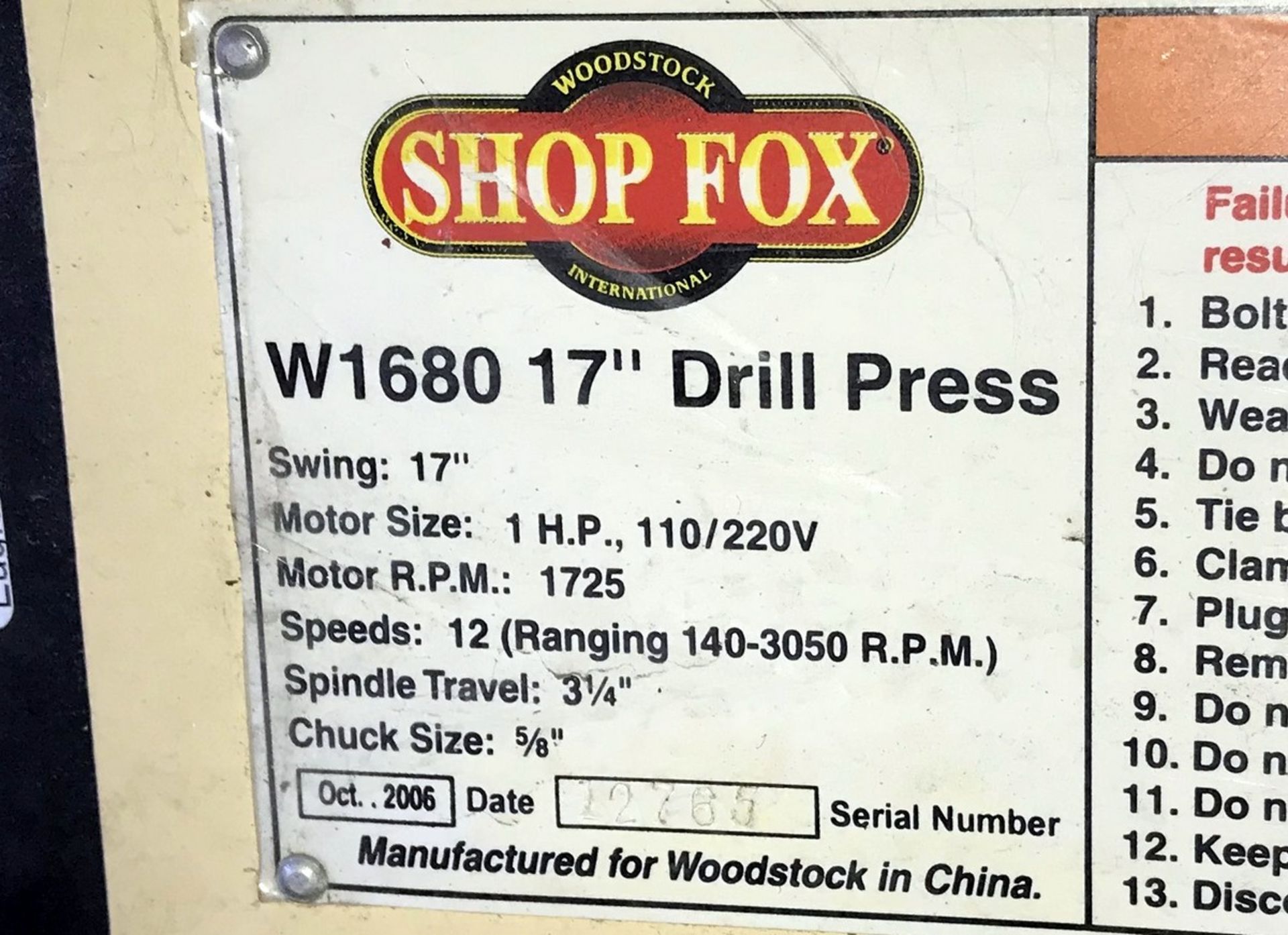 Shop Fox Pedestal Drill Press - Image 7 of 7