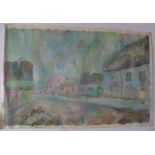 Unsigned French oil street scene, unframed 32 x 50cm