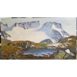 Large A Hegglund 1972 oil on canvas "Fjord scene, unframed 64 x 118 cm Generally okay for its age