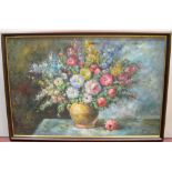 Large oil on canvas of a vase of flowers, signed Y DANTON, wood framed 61 x 92cm Fine and clean