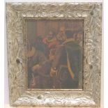 Unsigned 19C oil on cut-down canvas "Elizabethen figures in interior", framed & glazed 25 x 20cm