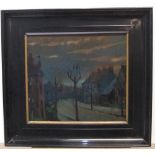 Peter Collins (1923-2001) impressionist oil on card "Deserted street at night", old ebonised wood