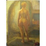 Slade school, unsigned oil on canvas portrait of a nude lady from the rear, unframed 77 x 56cm