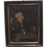 Unsigned mid 19thC, naive oil on canvas portrait of Hogarth, original thin ebonised wood frame 28