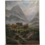 Early 20thC oil on canvas "Cattle in Highland landscape by E HEATON, unframed 51 x 38cm