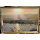 Large 1991 oil on board entitled "Misty morning, river Tees, Gainstead" signed B W Goad, framed 49 x