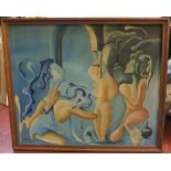 Large Hodgkinson oil on canvas, surrealist school oil "3 ladies", circa 1970s, wood framed 73 x 88