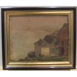 Interesting, early 20thC unsigned French impressionist oil "Coastal houses" painting on a French