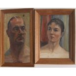 Pair of unsigned modernist oil on board portraits, man & woman, both in pine wood frames largest