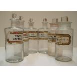 Matching set of 6 antique chemists bottles, most with differing full or partial labels all bottles