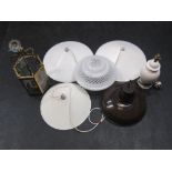 Quality Edwardian etched milk-glass shade & 4 modern metal shades and 2 lamps including a brass