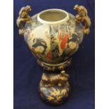 Impressive 20thC Chinese 3 part crackle vase with polychrome decoration & foo dog handles. The