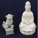 2 Chinese white glazed ceramic figures, 1 dog of foo, the other is a seated Goddess on lotus