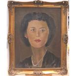 Large unsigned mid 20thC oil on board portrait of young society lady, framed 61 x 45 cm Untouched