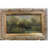 Indistinctly initialed 19thC coaching scene oil on board, framed Oil painting, possibly over a print