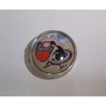 Vintage circular silver pill box with enamel topped lid of Edwardian lady on the beech