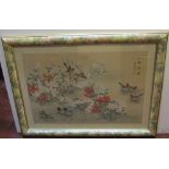 Large Chinese watercolour on rice paper with blossoms & birds, signed top right corner, pleasing